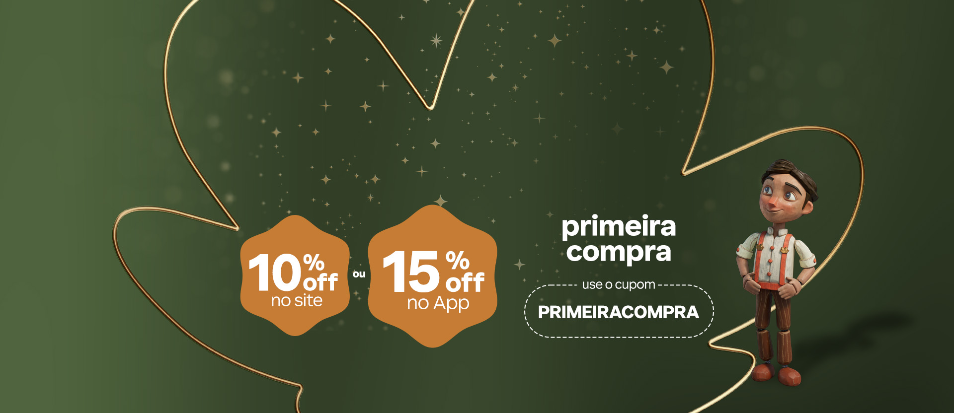 Personagem natalino sobre flor Natura e estrelas douradas em fundo vermelho, com o texto: primeira compra 10% OFF no site ou 15% OFF no App use o cupom PRIMEIRACOMPRA.