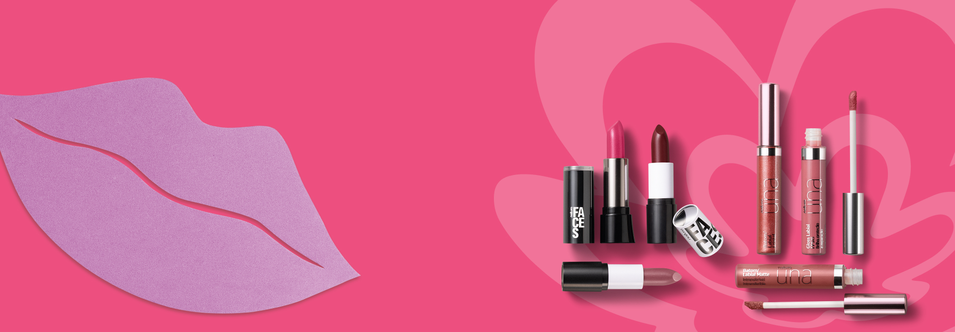 Batons de Natura Faces e Una aparecem em destaque no canto direito da tela sobre rosácea símbolo da Natura em fundo rosa. À esquerda, figura de uma boca com glitter remete ao Festival de Batons.
