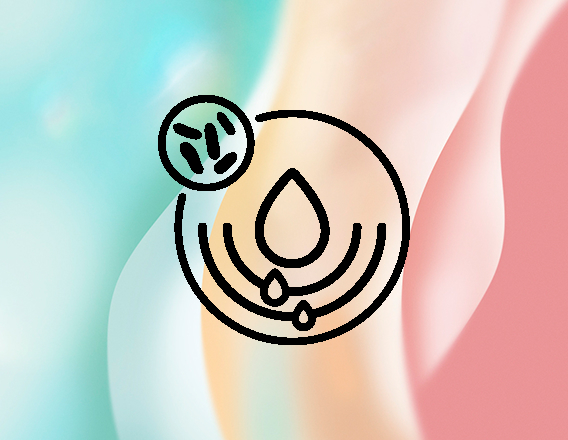 Ícone de tecnologia prebiótica com fundo gradiente em tons de laranja, rosa e azul. O ícone é composto por um círculo com uma gota d'água central e pequenas gotas abaixo, e um círculo menor no canto superior esquerdo.