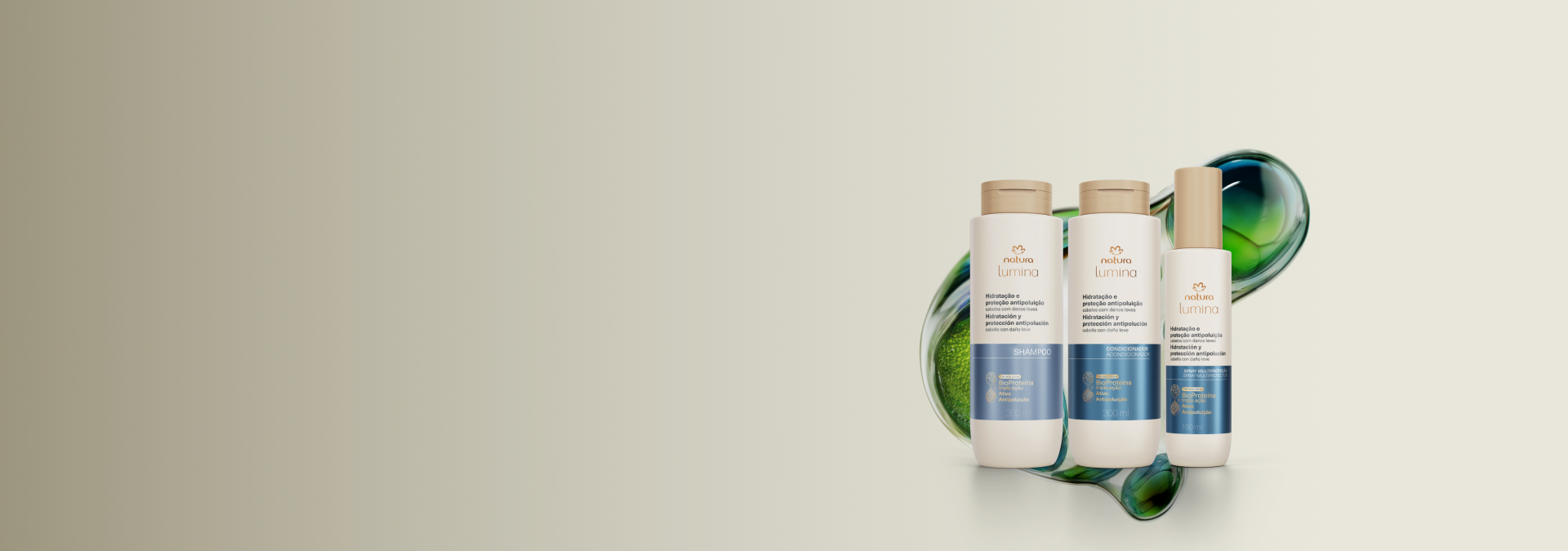Imagem com fundo cinza e três produtos de Lumina Hidratação e Proteção Antipoluição, com tecnologia da linha atrás.
