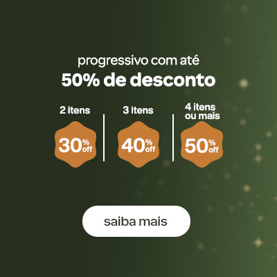 Texto: progressivo com até 50% de desconto. 2 itens com 30% OFF, 3 itens com 40% OFF, 4 itens ou mais com 50% OFF. Botão: saiba mais. Fundo verde com estrelas douradas.