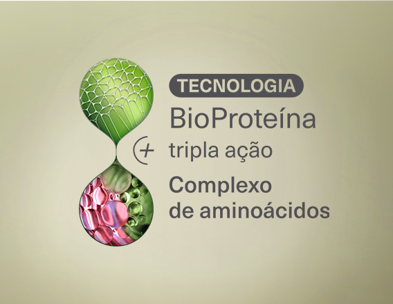 Em fundo verde, selo Tecnologia BioProteína + tripla ação complexo de aminoácidos.