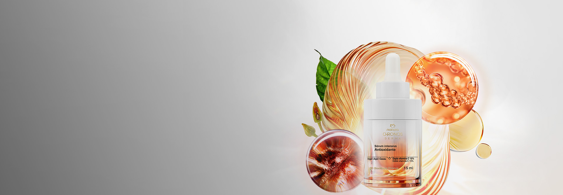 Novo Sérum Intensivo Antioxidante aparece em destaque no centro da tela sobre ativos e ingredientes da exclusiva tecnologia Natura Chronos Derma em fundo iluminado com tons de branco e laranja claro. 