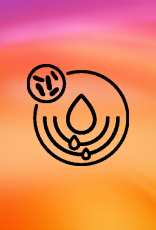 Ícone de tecnologia prebiótica com fundo gradiente em tons de laranja e rosa. O ícone é composto por um círculo com uma gota d'água central e pequenas gotas abaixo, e um círculo menor no canto superior esquerdo.