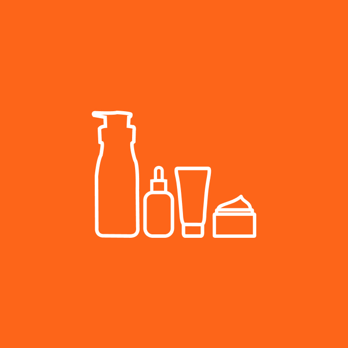 Fundo laranja com contorno em branco de embalagens variadas.