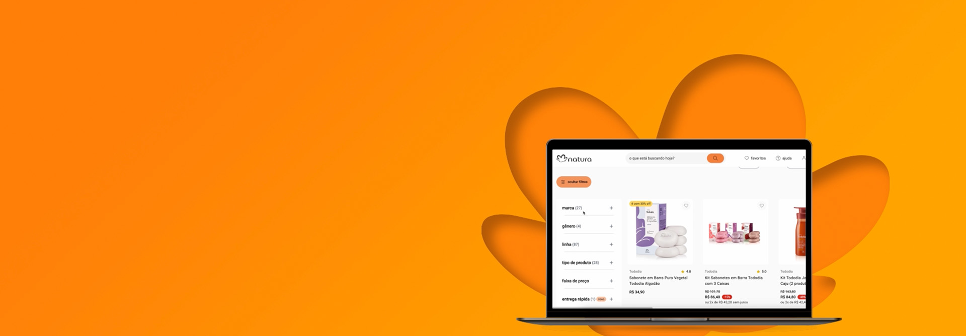 Vídeo de aparelho com a tela navegando pelo site Natura sobre rosácea Natura em laranja, em fundo alaranjado.
