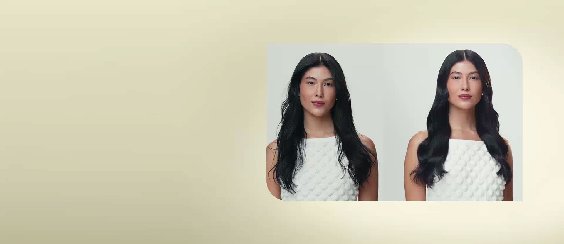 Vídeo com duas modelos apresentando o antes e depois de seus cabelos após o uso do sérum, mostrando como eles ficaram mais definidos e tratados.