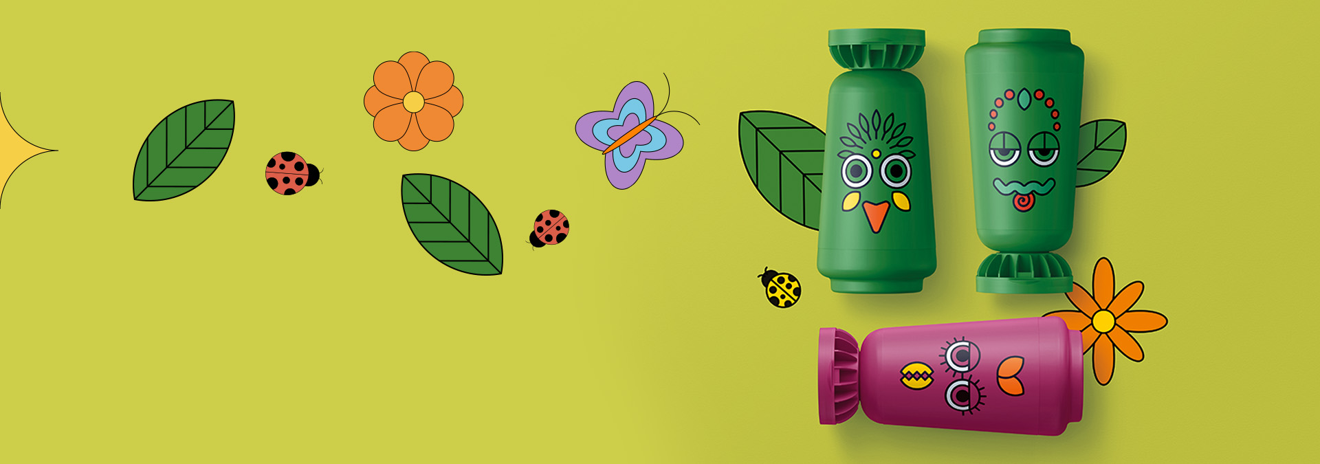 3 produtos de Naturé em embalagens coloridas e divertidas, sobre um fundo laranja com ilustrações de plantas e insetos.