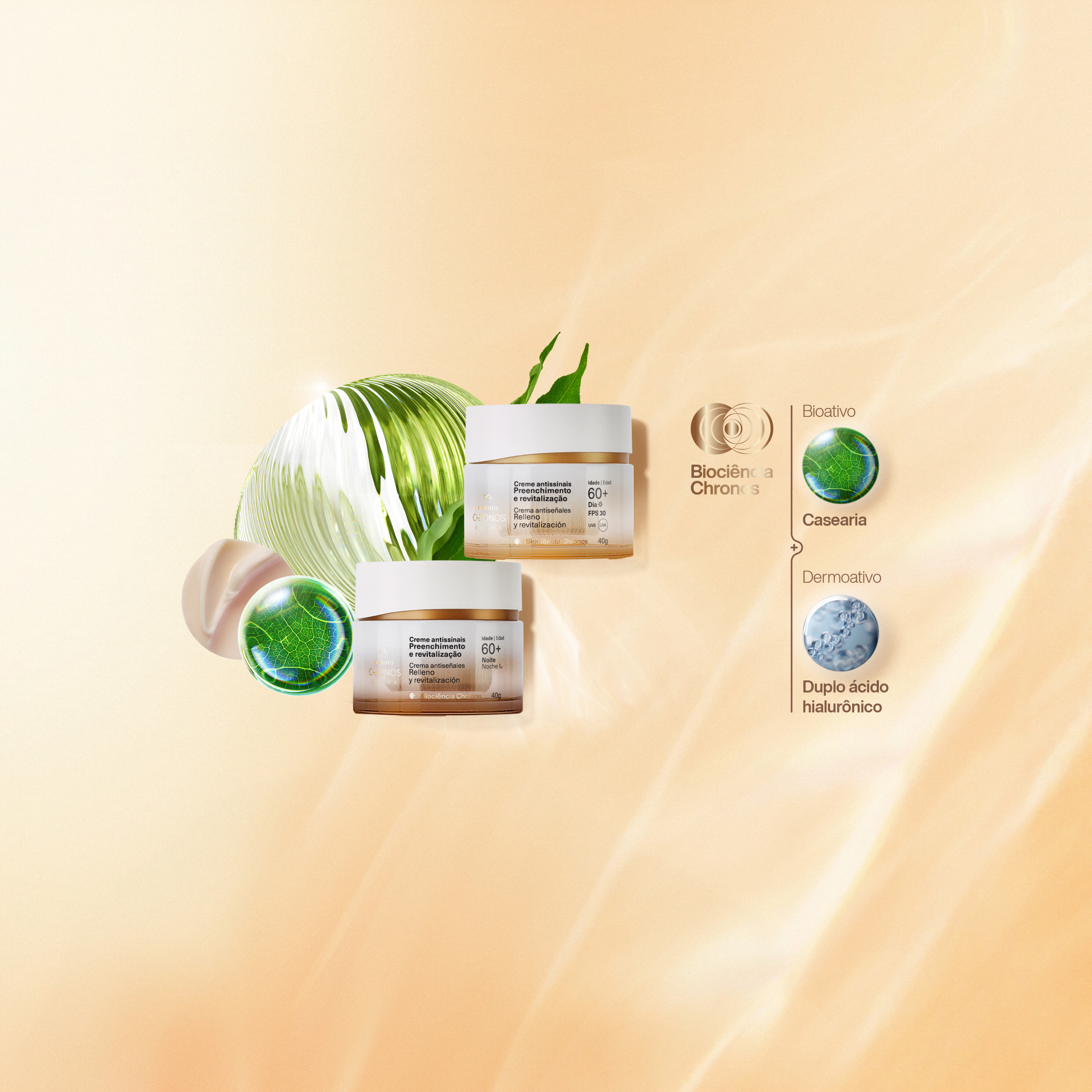 2 potes de Natura Chronos, 1 do Creme Antissinais 60+ dia e outro do 60+ noite. Fundo bege e elementos fazendo referência aos ingredientes: bioativo casearia e dermoativo duplo ácido hialurônico.