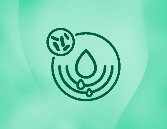 Ícone preto representando a Tecnologia Prebiótica. Ele é composto por um círculo grande com linhas e gotas e outro círculo menor com microrganismos.