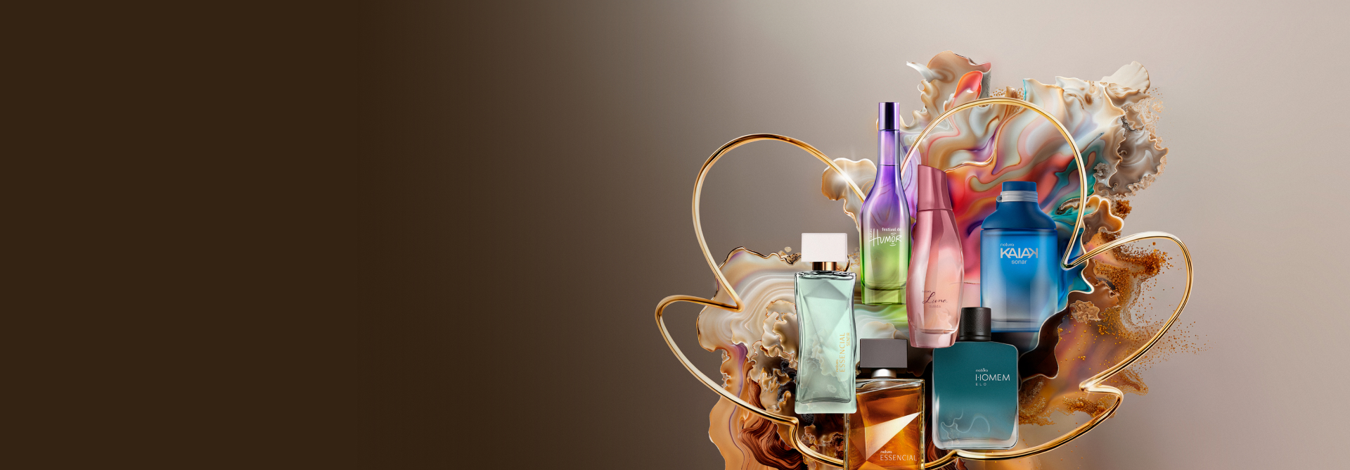 Frascos de fragrâncias Natura nas cores verde-claro, lilás e verde, rosa-claro, azul, verde e marrom, envoltos pela silhueta da rosácea da Natura em dourado, com elementos orgânicos, em fundo em tons de marrom.