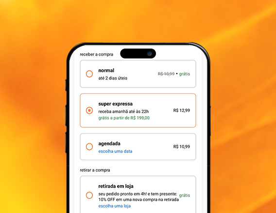 Imagem de celular exibe a tela de opções de entrega do app Natura, com as opções de entrega normal, super expressa, agendada e a opção de retirada da compra em uma loja física Natura. Fundo amarelo.