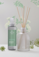 Spray de Ambientes e Difusor de Ambientes Natura Erva Doce em destaque sobre fundo branco com ilustrações de folhas e flores verdes e brancas. Ao lado dos produtos, pequenos ramos de erva-doce.