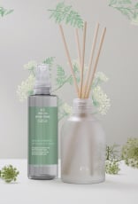 Spray de Ambientes e Difusor de Ambientes Natura Erva Doce em destaque sobre fundo branco com ilustrações de folhas e flores verdes e brancas. Ao lado dos produtos, pequenos ramos de erva-doce.