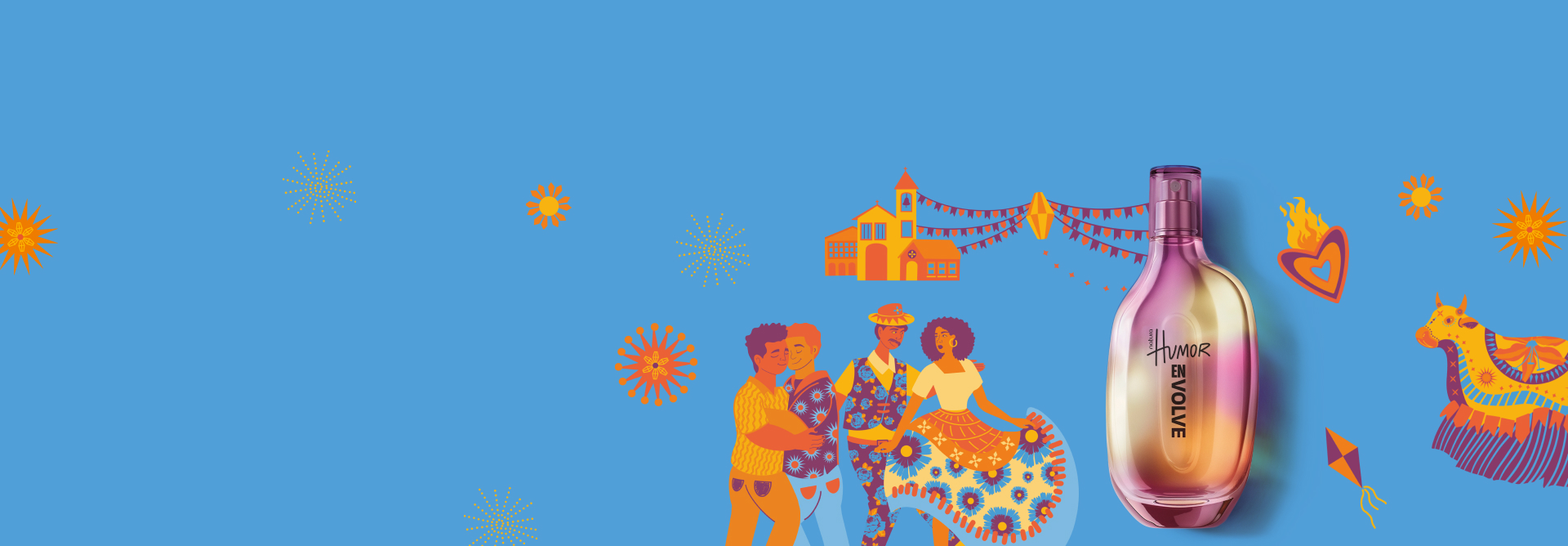 Fragrância Natura Humor Envolve em fundo azul com ilustrações relacionadas aos festejos juninos.
