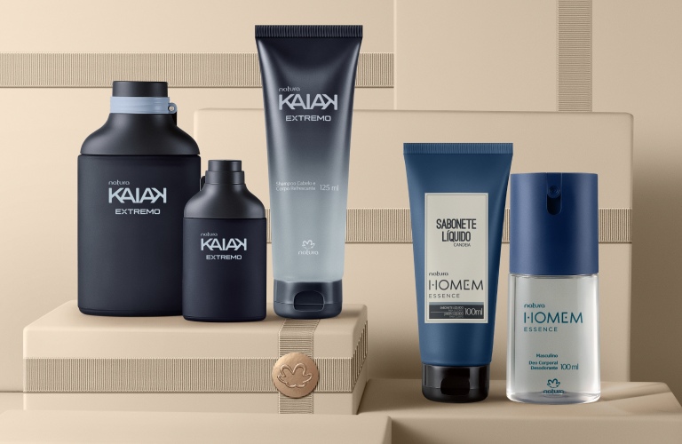  2 colônias, 1 shampoo, 1 sabonete líquido e 1 desodorante da linha Kaiak como ideia de presente