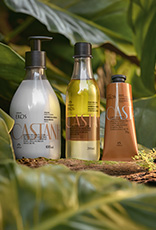 Produtos Natura Ekos Castanha sobre elementos naturais e fundo de folhas verdes.