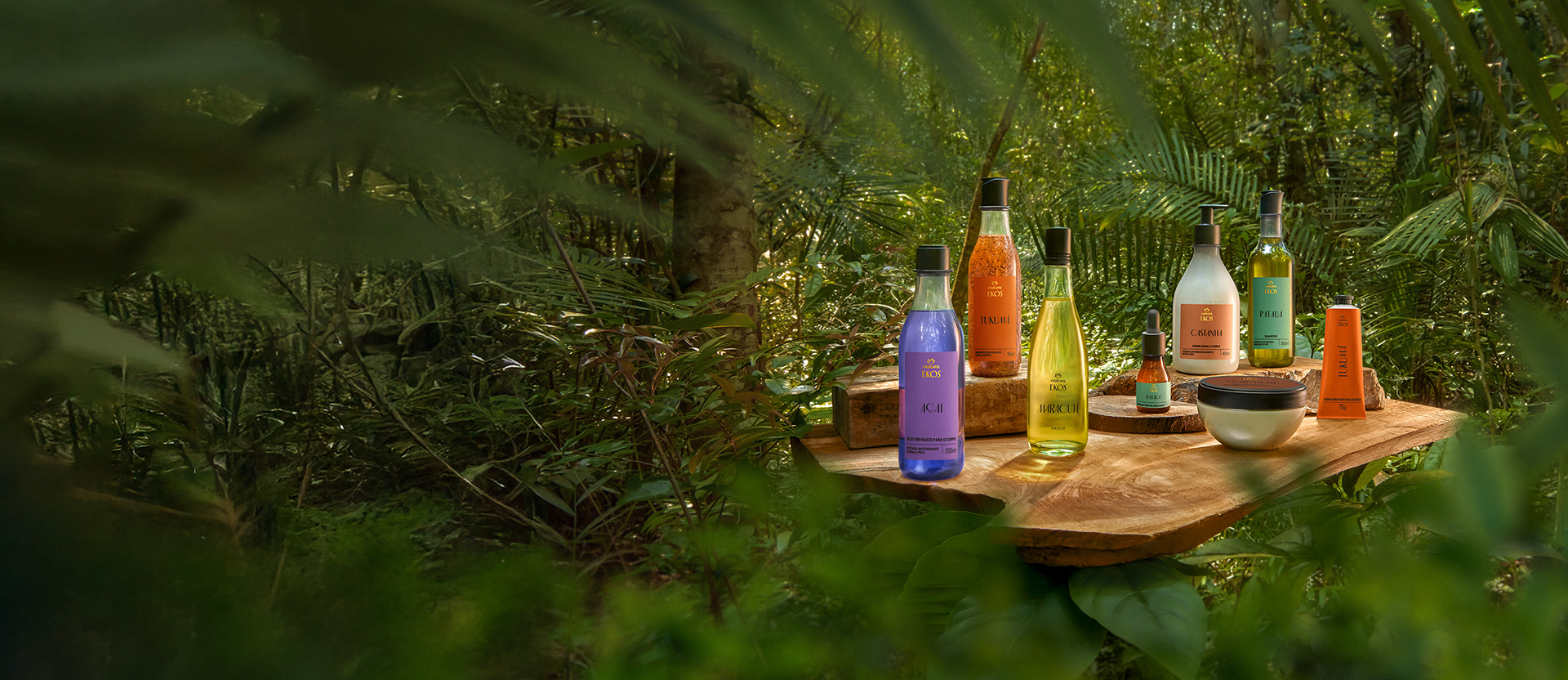 Uma variedade de produtos cosméticos da linha Ekos, dispostos sobre uma tábua de madeira rústica em um cenário de floresta ou jardim tropical. Os produtos incluem frascos e potes com líquidos e cremes de cores variadas (roxo, laranja, amarelo esverdeado, bege, verde claro) e rótulos com a marca 'Ekos', cercados por folhagens verdes e densas.
