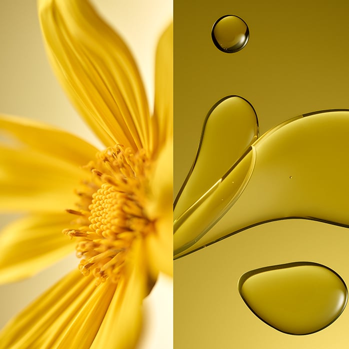 Imagem dividida: à esquerda, ramo de lavanda; à direita, líquido extraído deste ramo.