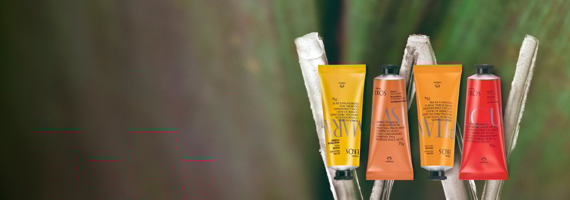 Fondo en tonos oscuros y a la derecha algunos hidratantes Natura Ekos para manos y pies.