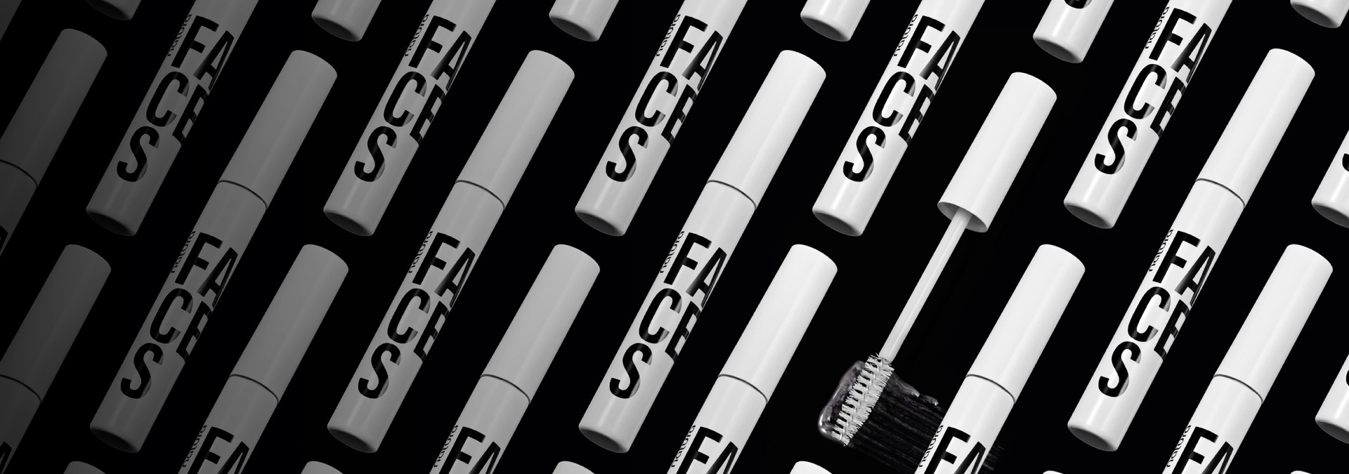 Imagen con fondo negro, y varias máscaras incoloras para cejas y pestañas están dispersas simétricamente