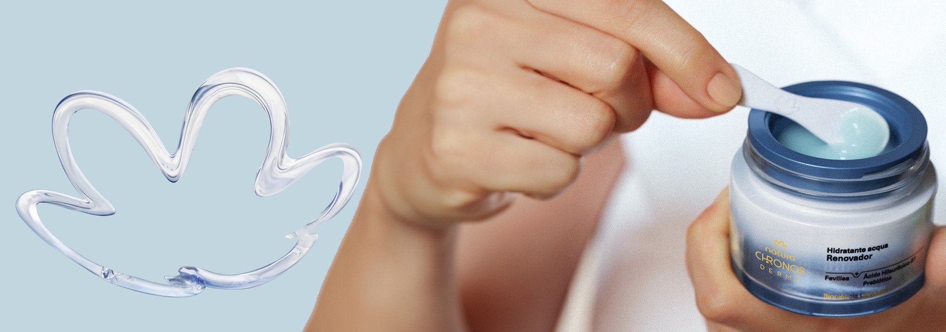 Fondo en tonos azules y a la derecha el hidratante y el serum de la línea hidratante de Chronos.