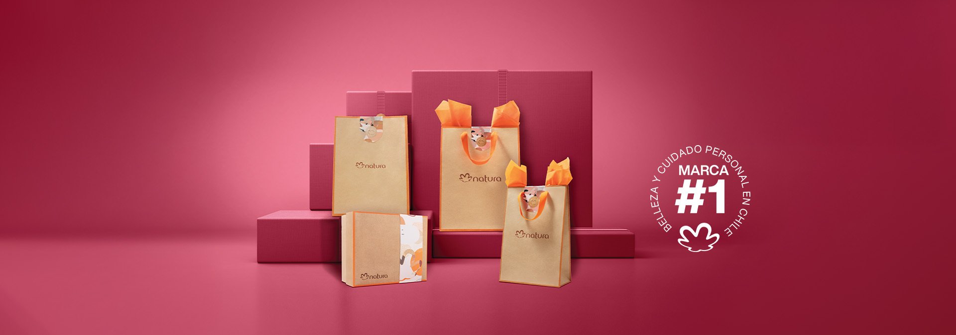 Fondo rosa y en el lado derecho una bolsa y una caja de regalos destacadas.