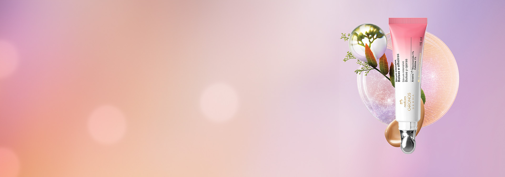 Fondo en tonos lilas y a la derecha el Sérum Intensivo para Bolsas y Ojeras Natura Chronos.