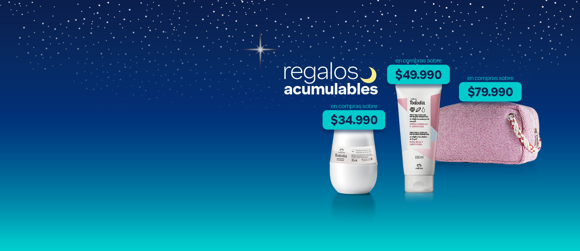 Banner de categoría para versión Desktop y Mobile de Natura que promociona el sistema de regalos escalonados. Explica visualmente la acumulación de productos Tododia (Mora Roja y Jabuticaba) según el monto total de la compra: $34.990, $49.990 y $79.990.