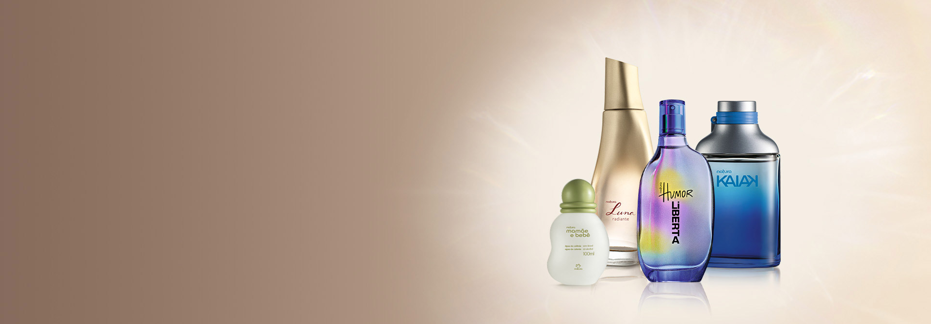 En un fondo beige texturizado, cuatro productos de la perfumería Natura. Mamá y Bebé, Kaiak, Luna y Humor Liberta
