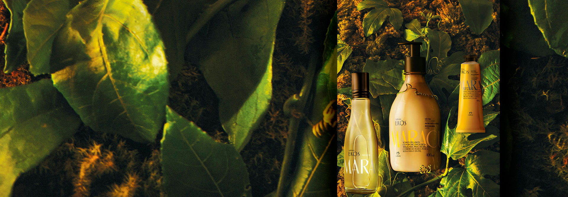 Fondo hecho de hojas y tierra, con tres productos de la línea Ekos Maracuyá en primer plano.
