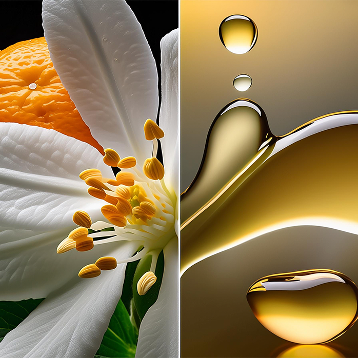 Imagen dividida: a la izquierda, una flor blanca; a la derecha, líquido extraído de esta flor