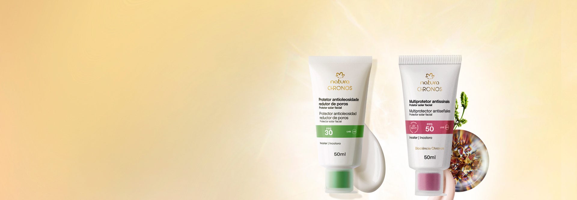 Imagen con fondo amarillo claro, con dos protectores solares de la línea Chronos en el lado derecho.