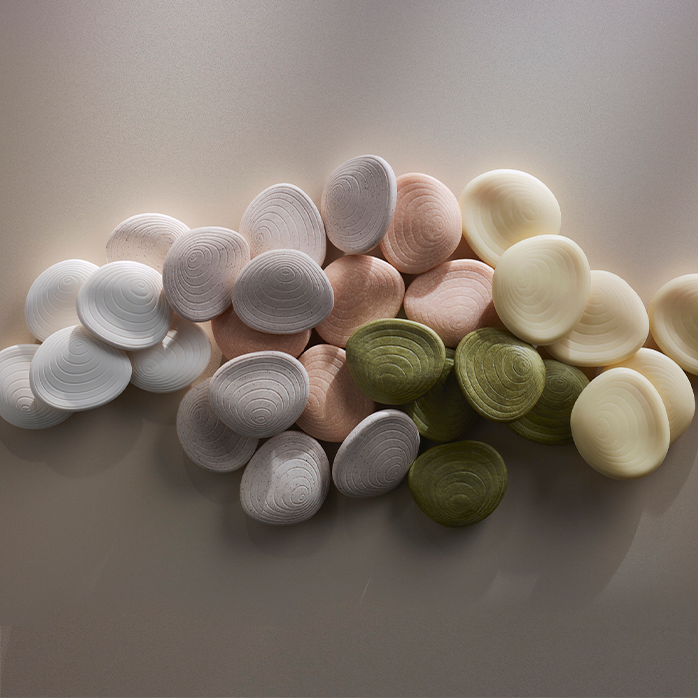 Sobre una superficie lisa, en formato circular y en diferentes tonos, productos en barra de la línea Natura Biome.