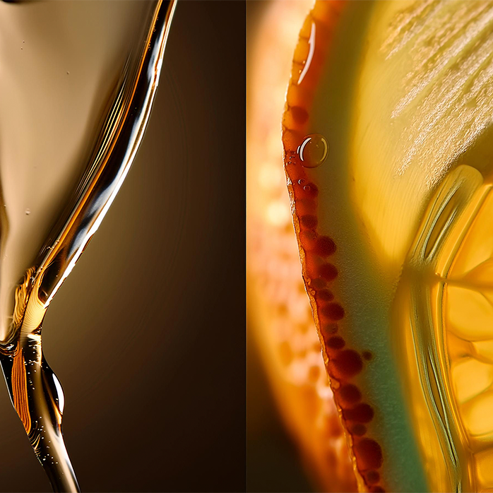 Imagen dividida: a la derecha, una fruta cítrica y a la izquierda, hilo de aceite extraído que da origen a las fragancias cítricas