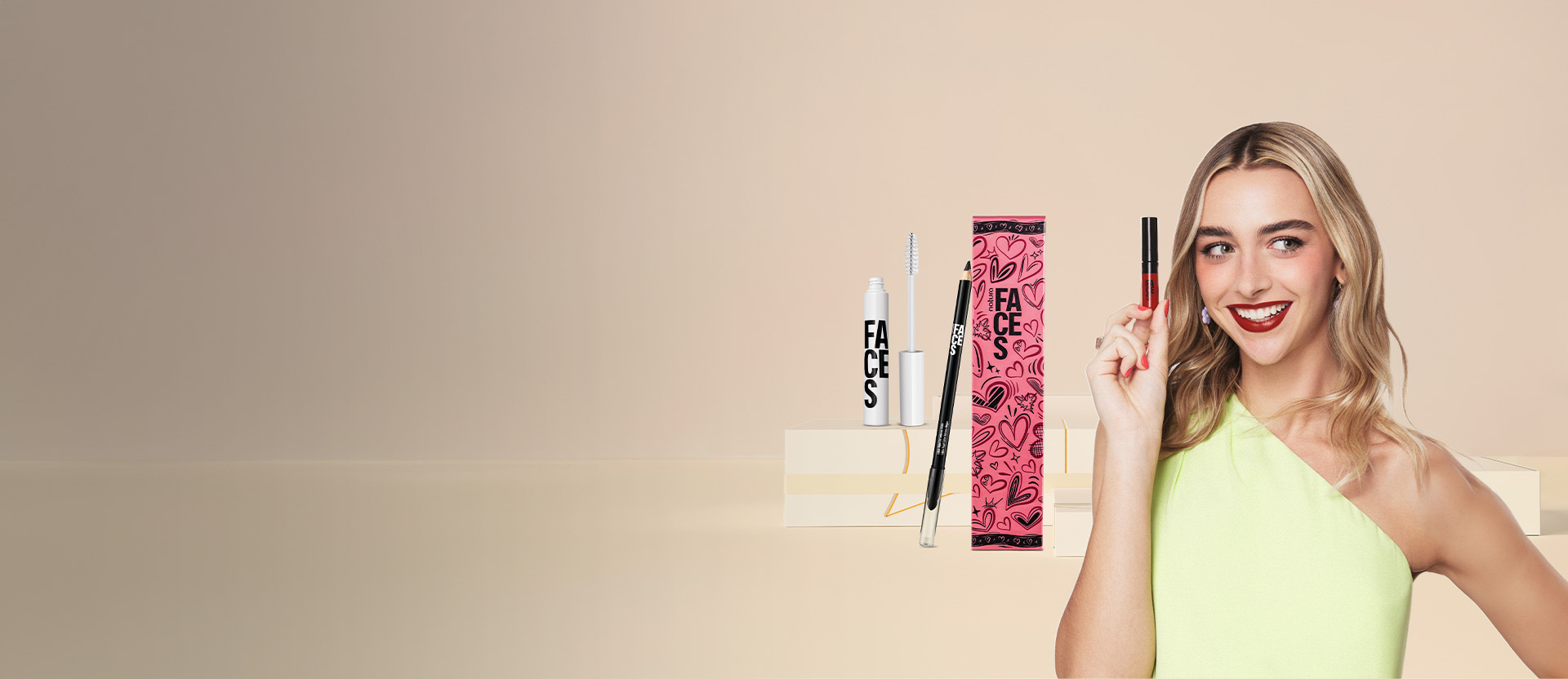 Banner de Maquillaje Natura con productos de la marca Una y Faces.