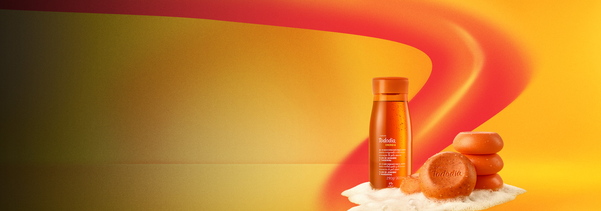 Banner de Cuidados Diarios Natura con productos de jabones para el cuerpo de la marca Tododia Flor de jengibre y mandarina.