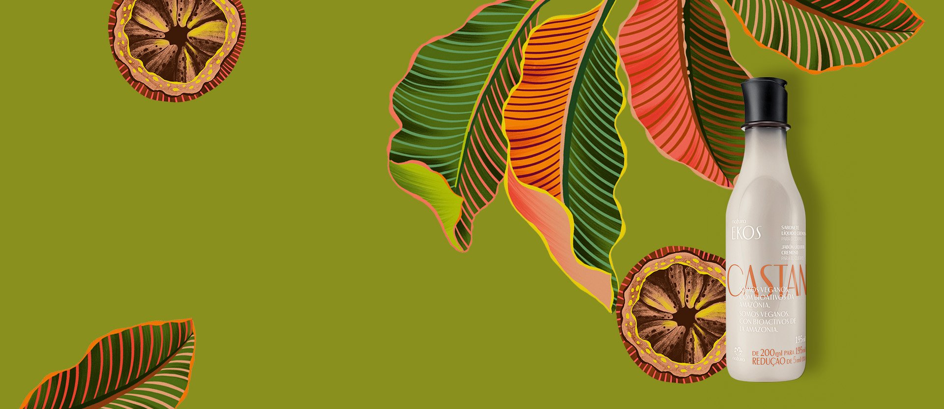 Imagen con fondo verde que presenta ilustraciones del castaño junto con jabón líquido de la línea