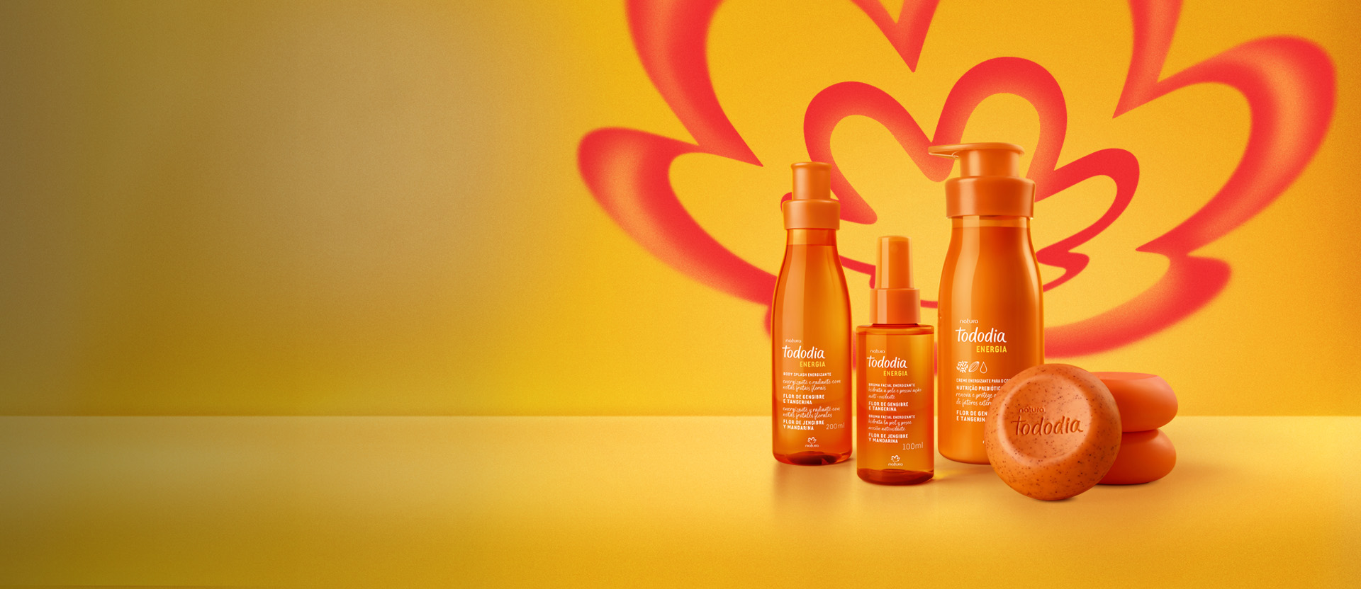 Banner de Cuidados Diarios Natura con productos de la marca Tododia Flor de jengibre y mandarina.