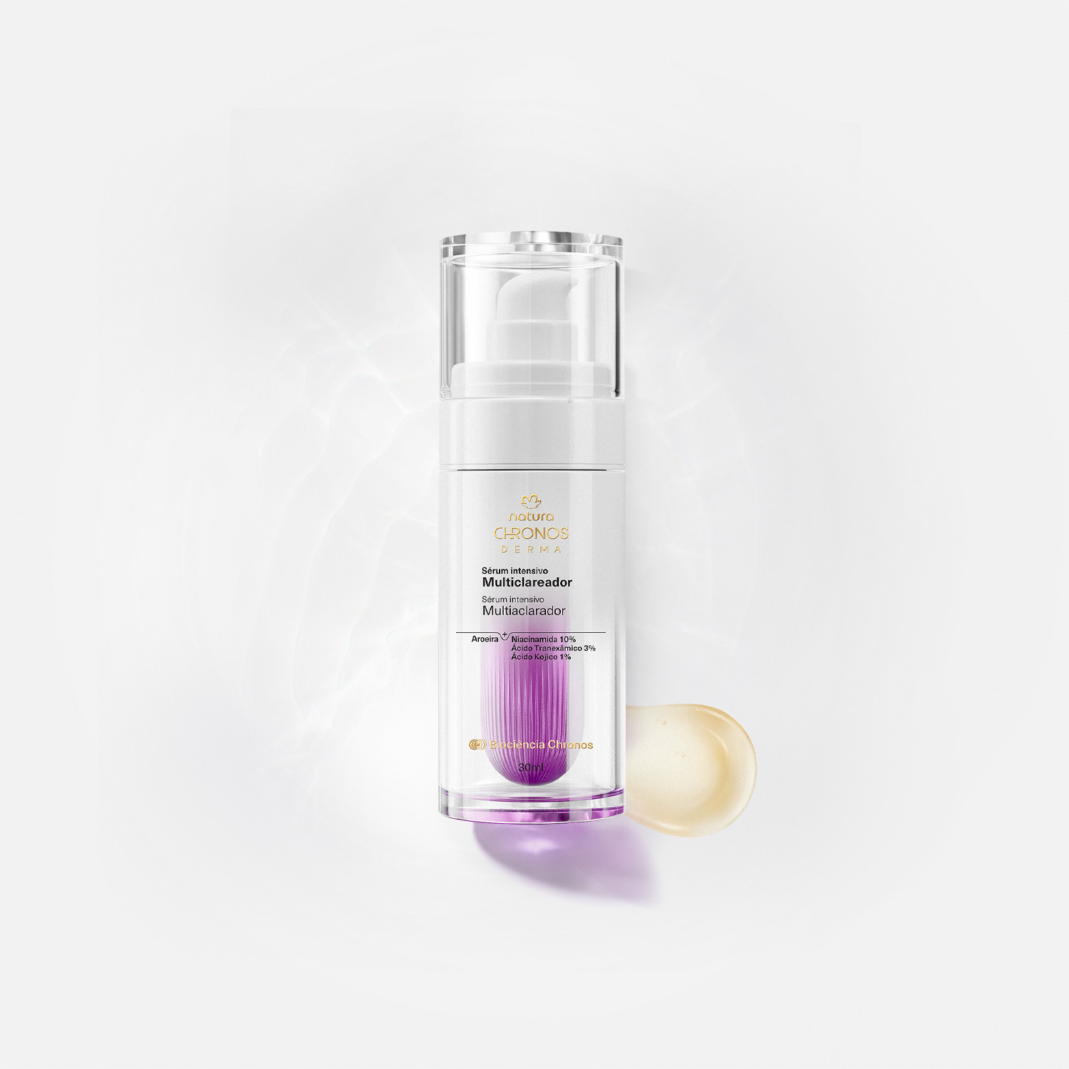 Imagen con fondo claro que muestra tres sérums de la línea Natura Chronos sobre una superficie a la derecha, iluminados por un rayo de luz.