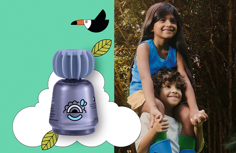 Foto dividida de niño sosteniendo a niña en hombros y al otro lado un fondo verde con la colonia Naturé.