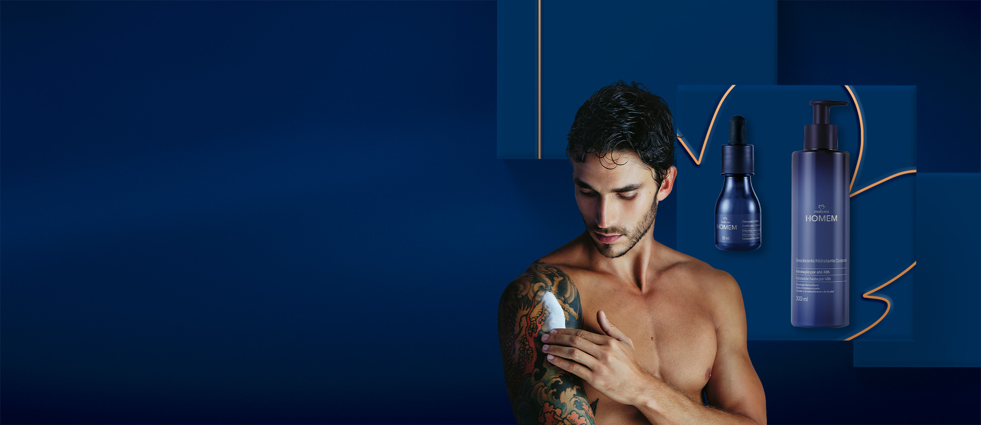 Banner de Cuidados Diarios Natura con productos de la marca Homem