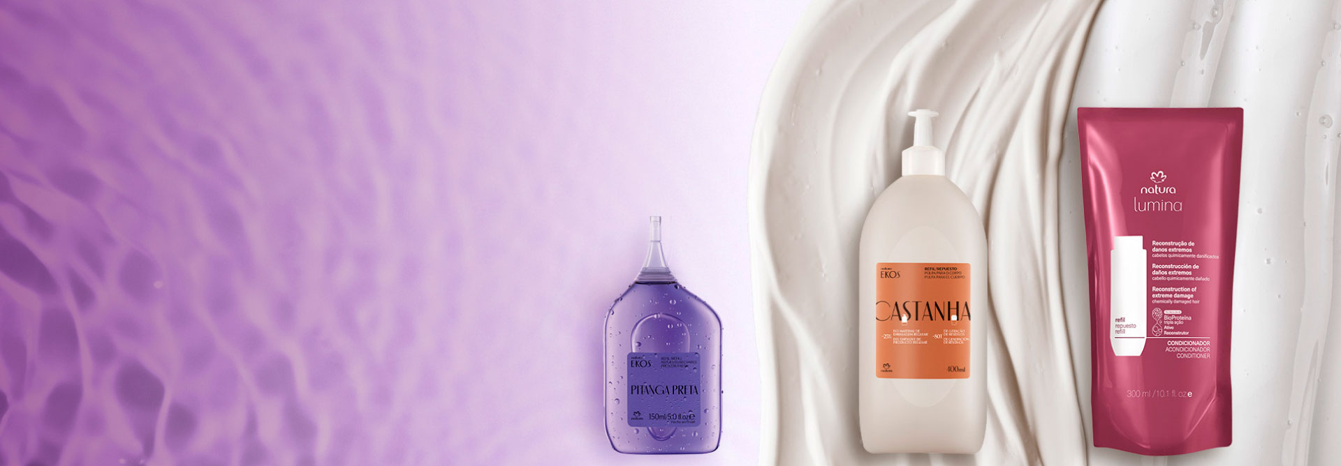 Un repuesto de perfume Ekos, un repuesto de hidratante Ekos y un repuesto Lumina. En el fondo, hay texturas diferentes para cada producto.