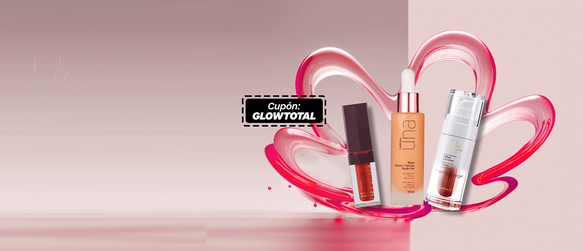 Banner rosa claro y a la derecha productos de la línea Natura Una.