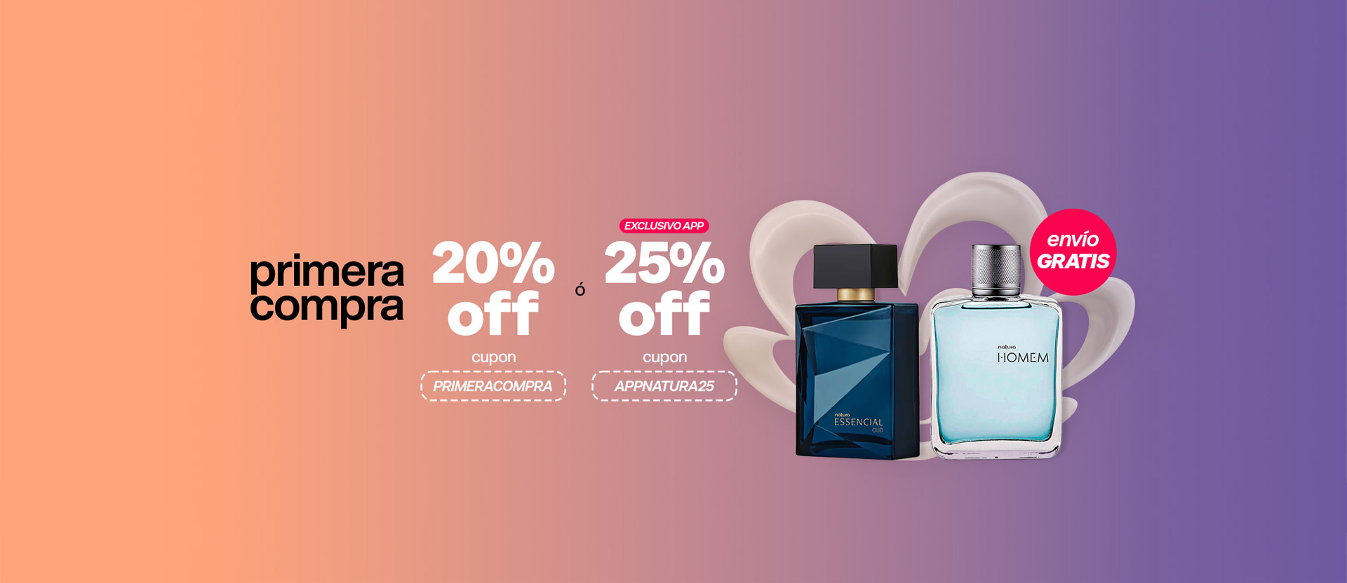 Imagen con degradados de naranja y amarillos con la rosacea de natura al centro, sobrepuesta de nuestros productos Natura y el logo de Hot Sale