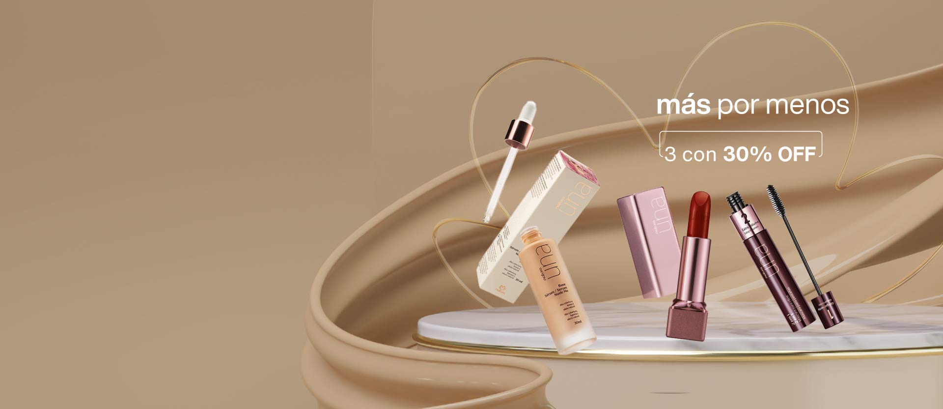 Banner rosa claro y a la derecha productos de la línea Natura Una.