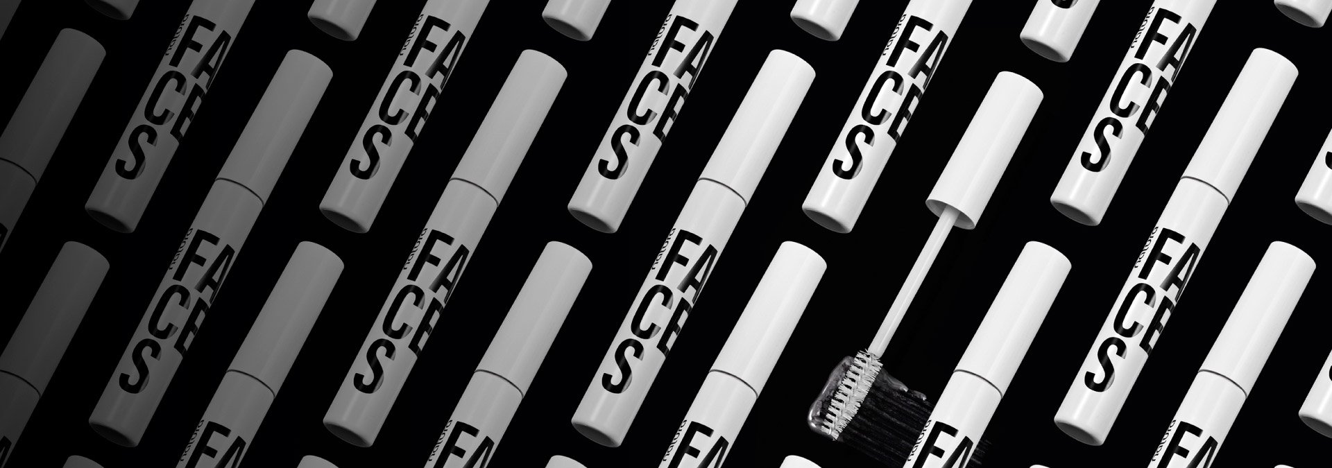 Imagen con fondo negro, y varias máscaras incoloras para cejas y pestañas están dispersas simétricamente