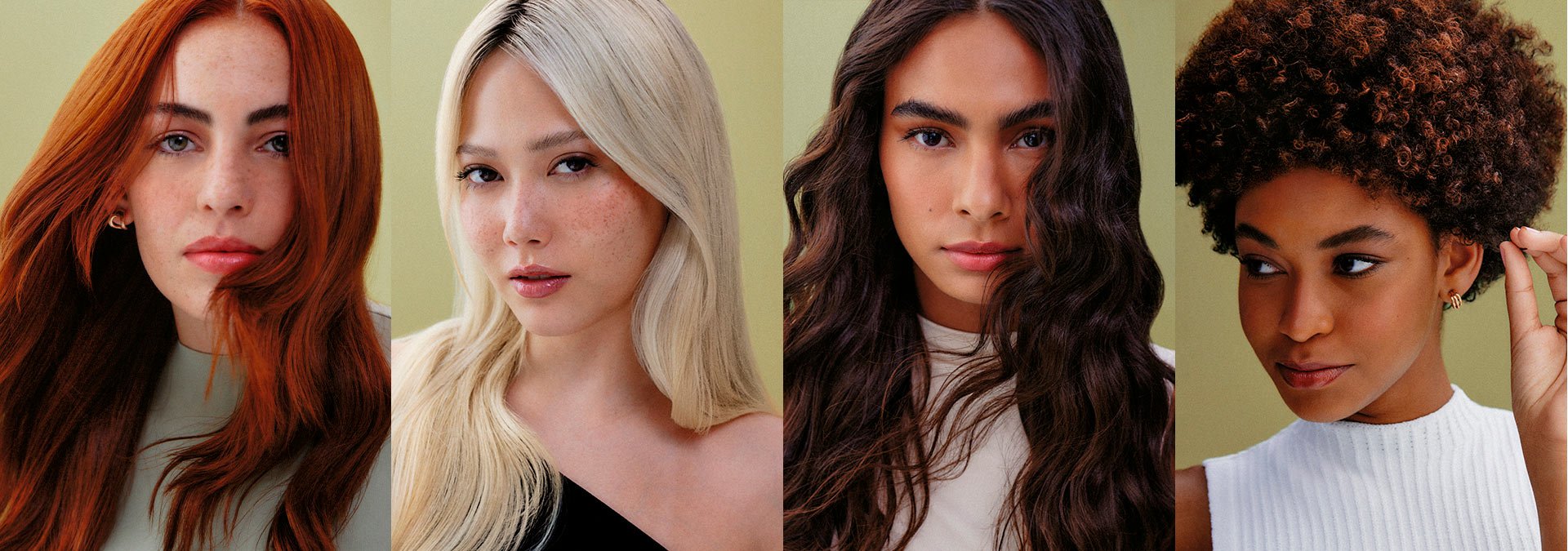 Cuatro mujeres una al lado de la otra, con tonos de piel y cabellos diferentes.