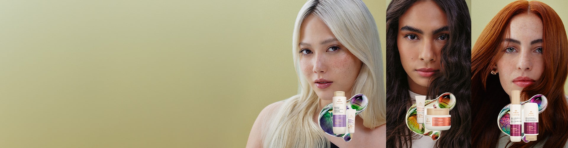 Tres mujeres con diferentes colores de cabello y tonos de piel. Al frente, diferentes líneas de Natura Lumina.
