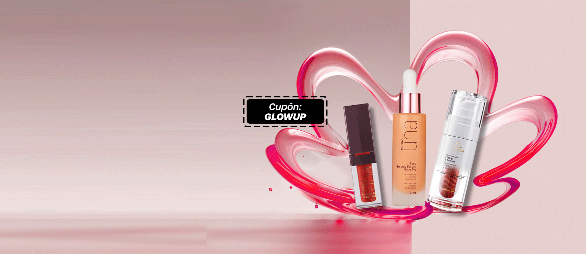 Banner rosa claro y a la derecha productos de la línea Natura Una.